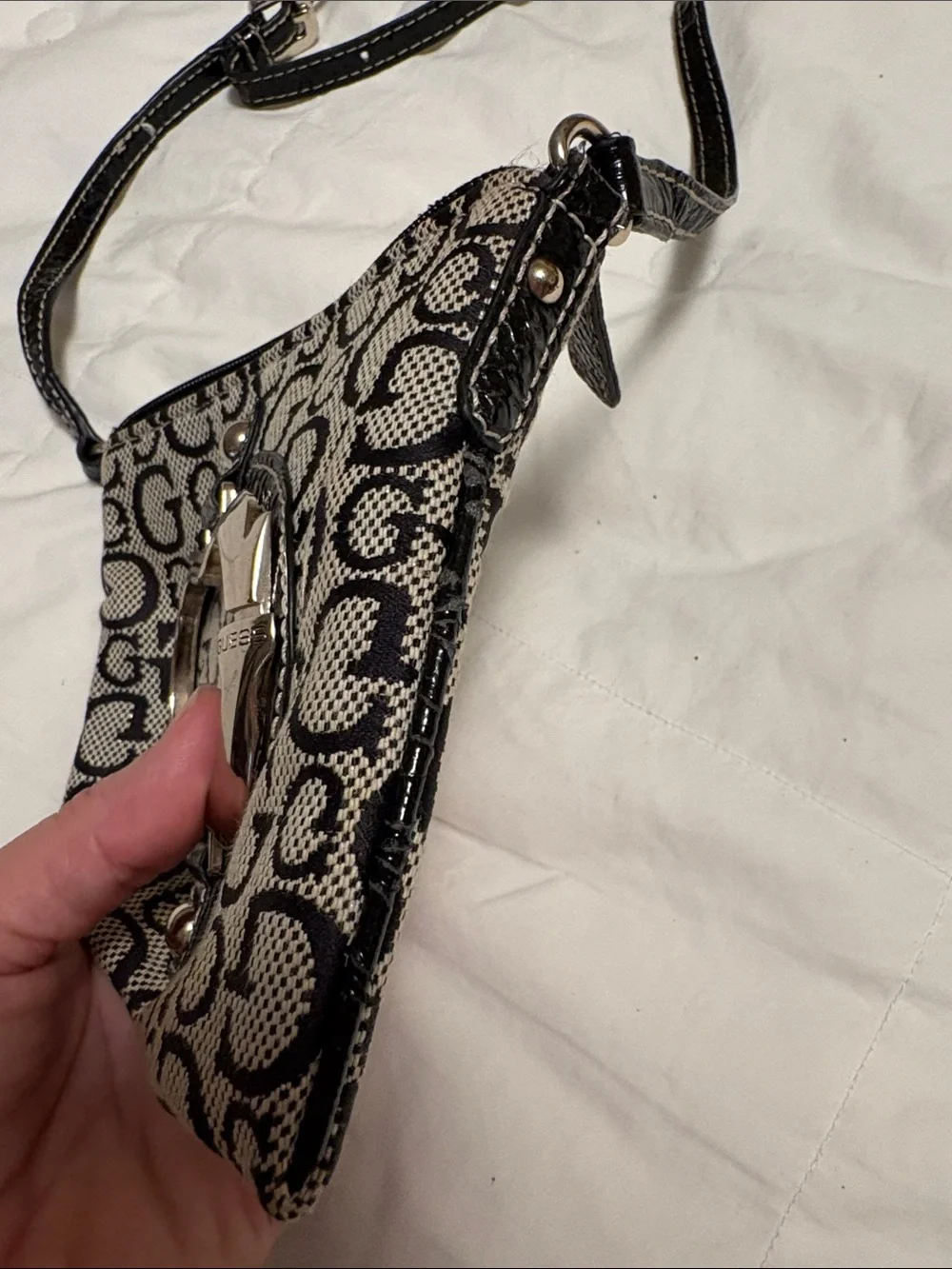 VTG Guess Monogram Small Crossbody Bag in Black and Cream with Silver Buckle